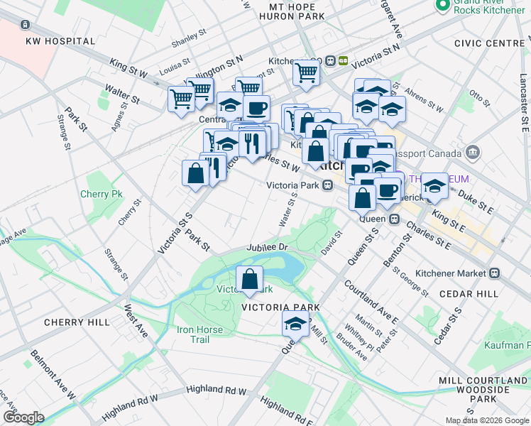 map of restaurants, bars, coffee shops, grocery stores, and more near 33 Heins Avenue in Kitchener