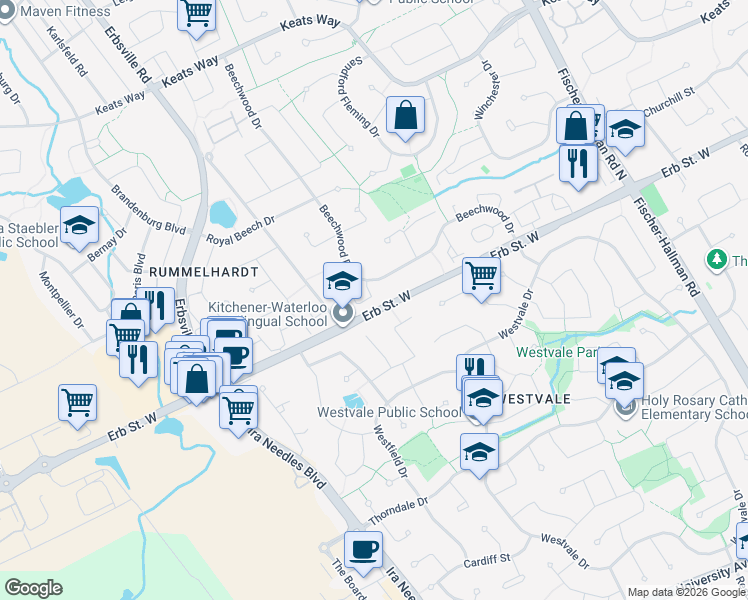 map of restaurants, bars, coffee shops, grocery stores, and more near 589 Beechwood Drive in Waterloo