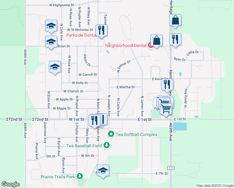 map of restaurants, bars, coffee shops, grocery stores, and more near 313 North Carla Avenue in Tea