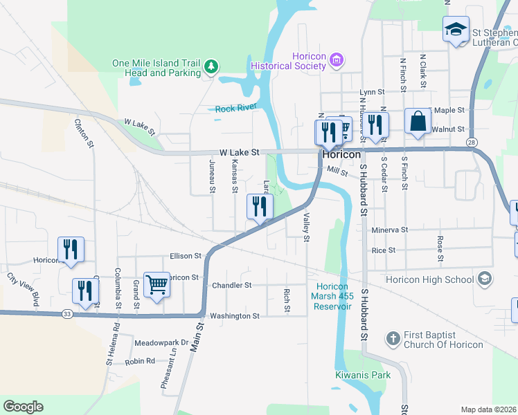 map of restaurants, bars, coffee shops, grocery stores, and more near 150 Larabee Street in Horicon