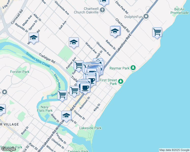 map of restaurants, bars, coffee shops, grocery stores, and more near 345 Lakeshore Road East in Oakville