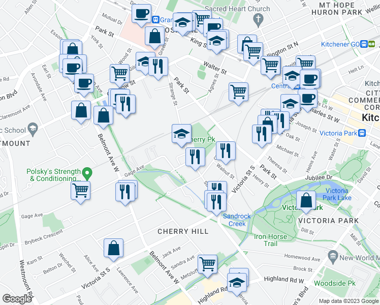 map of restaurants, bars, coffee shops, grocery stores, and more near 92 Strange Street in Kitchener
