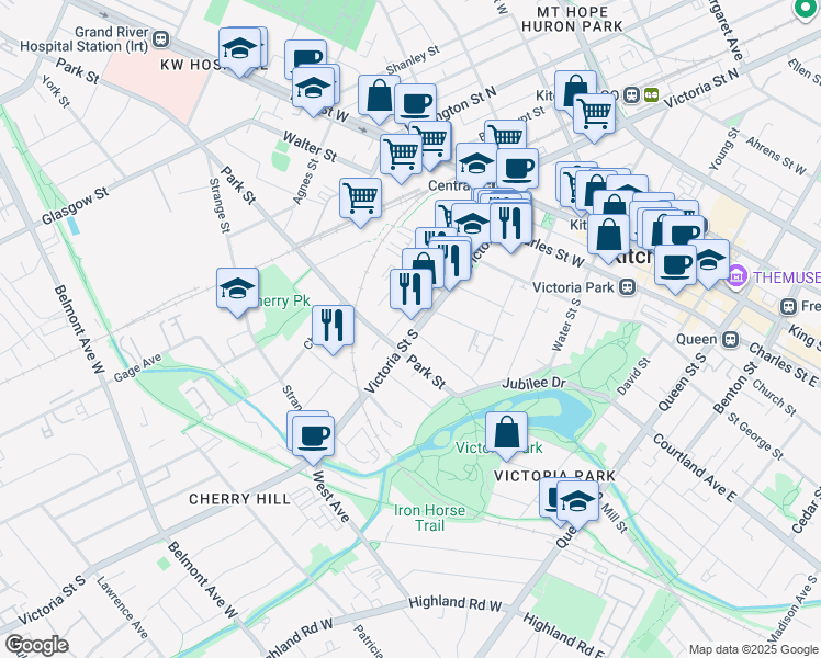 map of restaurants, bars, coffee shops, grocery stores, and more near in Kitchener