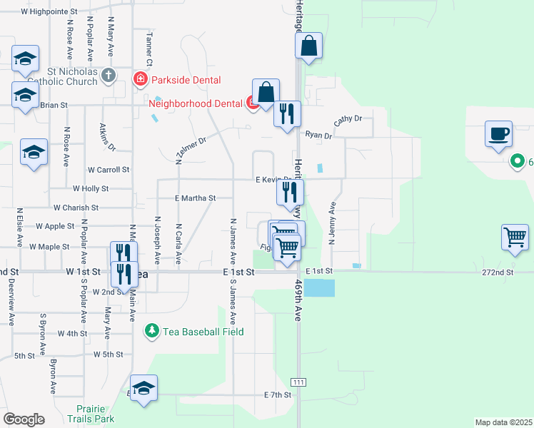 map of restaurants, bars, coffee shops, grocery stores, and more near 700 Figzel Court in Tea