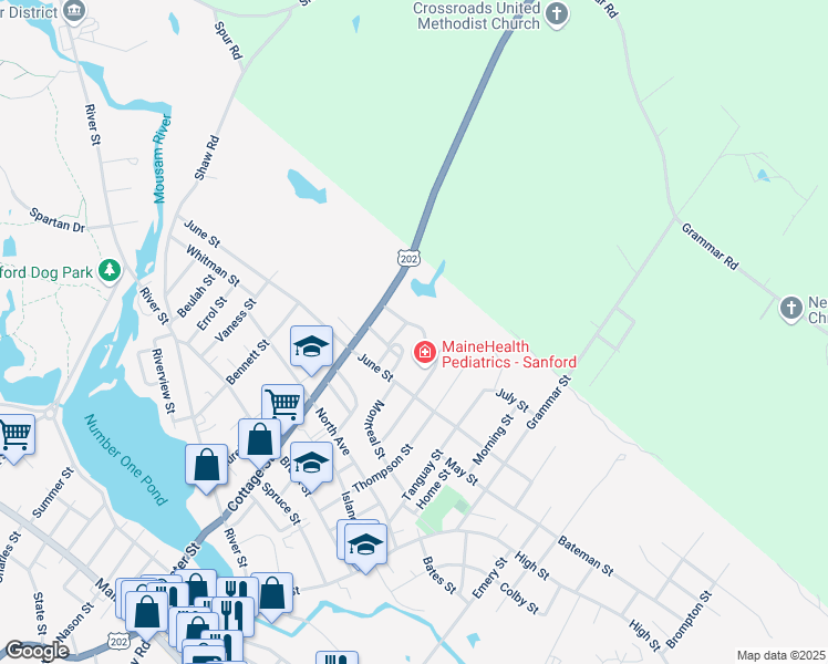 map of restaurants, bars, coffee shops, grocery stores, and more near 25A June Street in Sanford