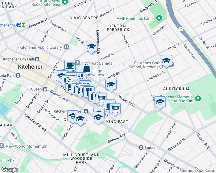 map of restaurants, bars, coffee shops, grocery stores, and more near 126 Waterloo Regional Road 8 in Kitchener