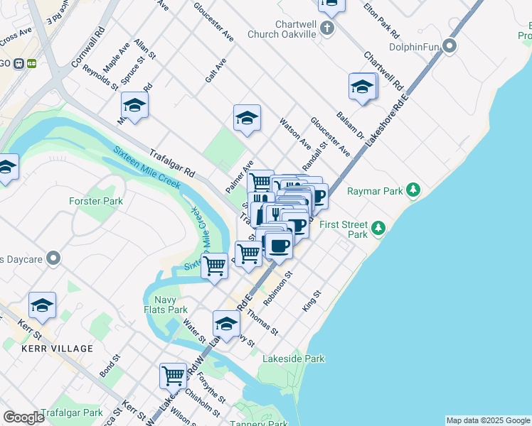 map of restaurants, bars, coffee shops, grocery stores, and more near 299 Randall Street in Oakville