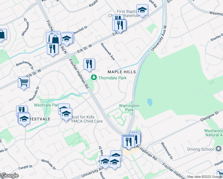 map of restaurants, bars, coffee shops, grocery stores, and more near 64 Ridgeview Crescent in Waterloo