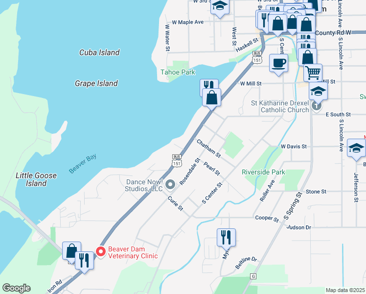 map of restaurants, bars, coffee shops, grocery stores, and more near 714 Madison Street in Beaver Dam