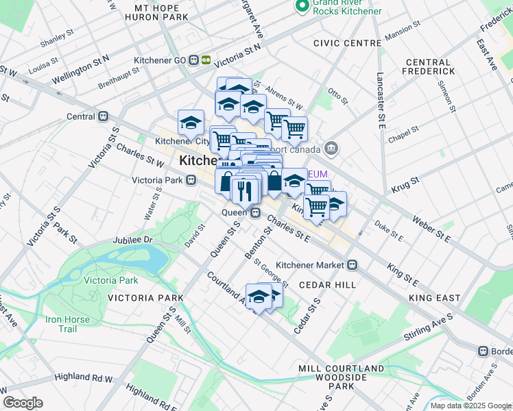 map of restaurants, bars, coffee shops, grocery stores, and more near 62 Queen Street South in Kitchener