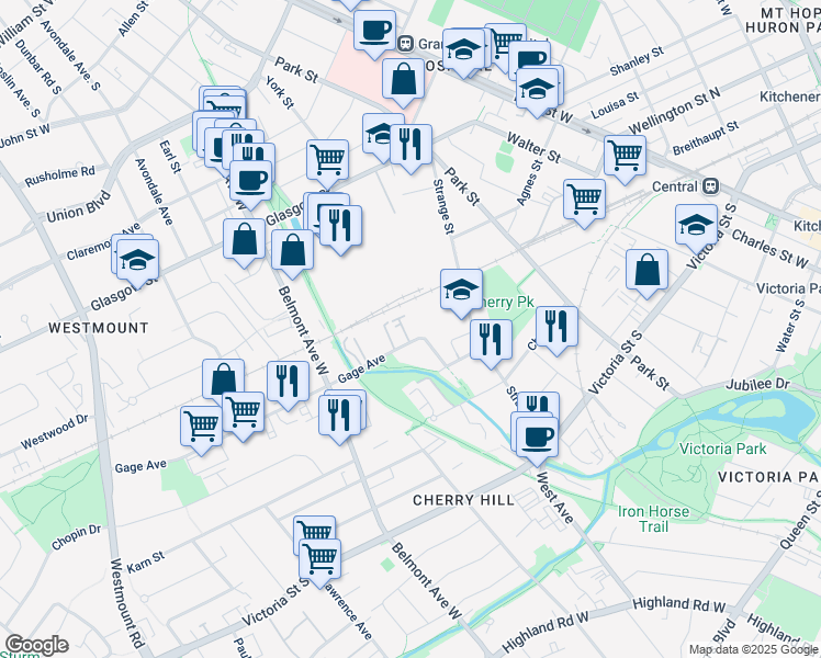 map of restaurants, bars, coffee shops, grocery stores, and more near 85 Gage Avenue in Kitchener