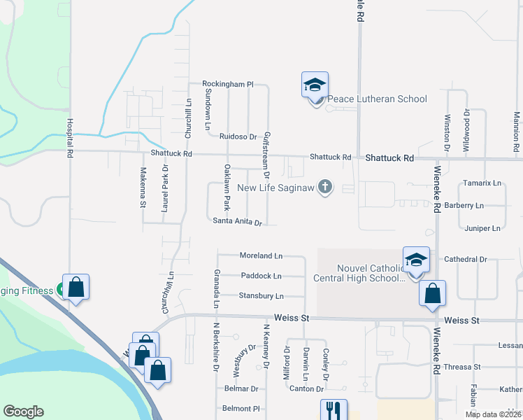 map of restaurants, bars, coffee shops, grocery stores, and more near 2839 Gulfstream Drive in Saginaw