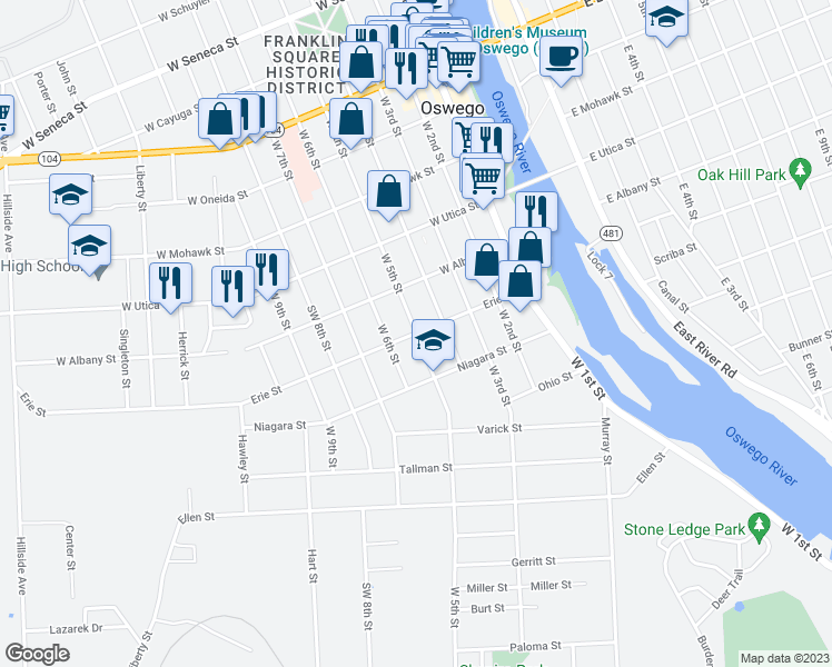 map of restaurants, bars, coffee shops, grocery stores, and more near West 5th Street & Erie Street in Oswego