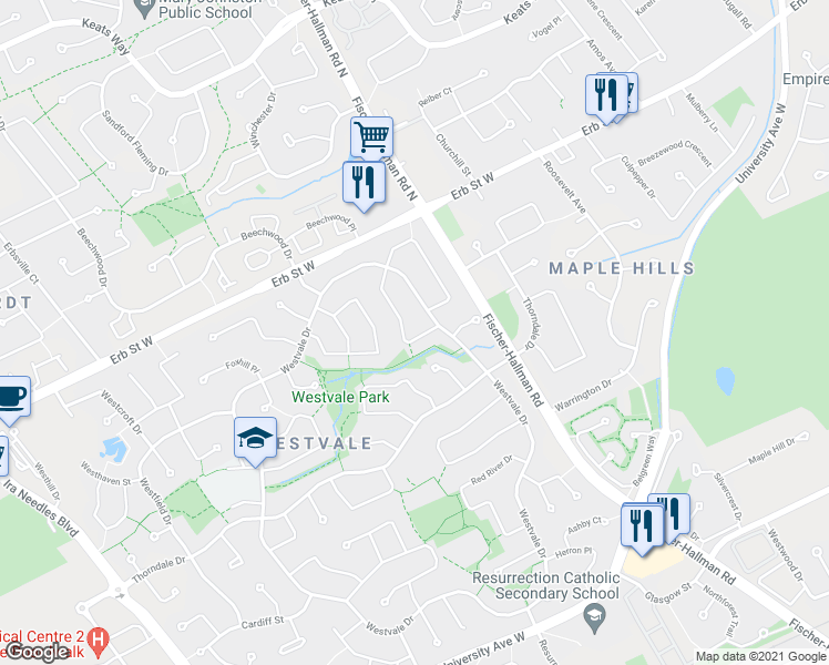 map of restaurants, bars, coffee shops, grocery stores, and more near 92 Pinemeadow Crescent in Waterloo