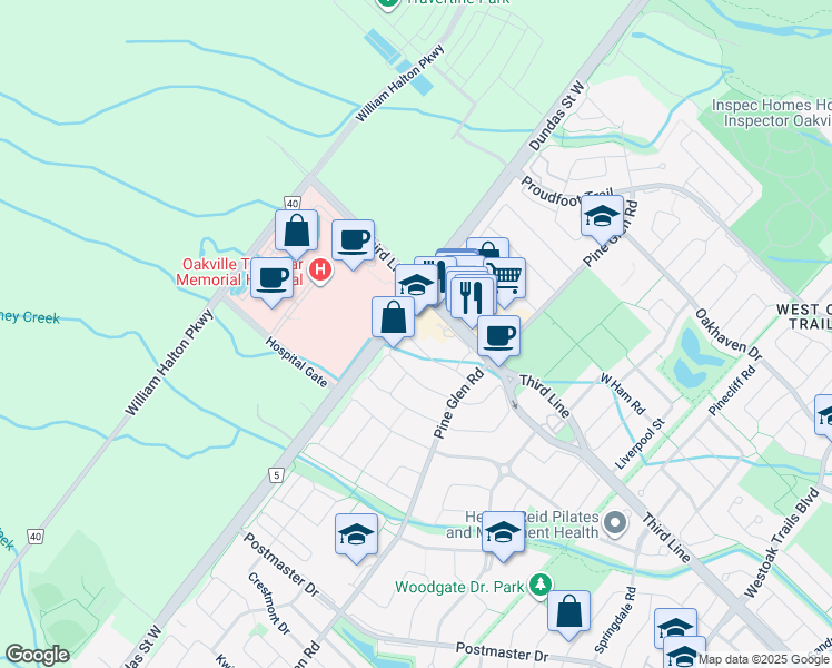 map of restaurants, bars, coffee shops, grocery stores, and more near 2297 Stone Glen Crescent in Oakville