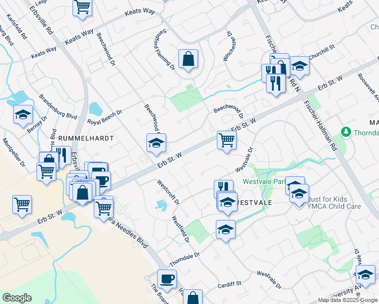 map of restaurants, bars, coffee shops, grocery stores, and more near 585 Erb Street West in Waterloo