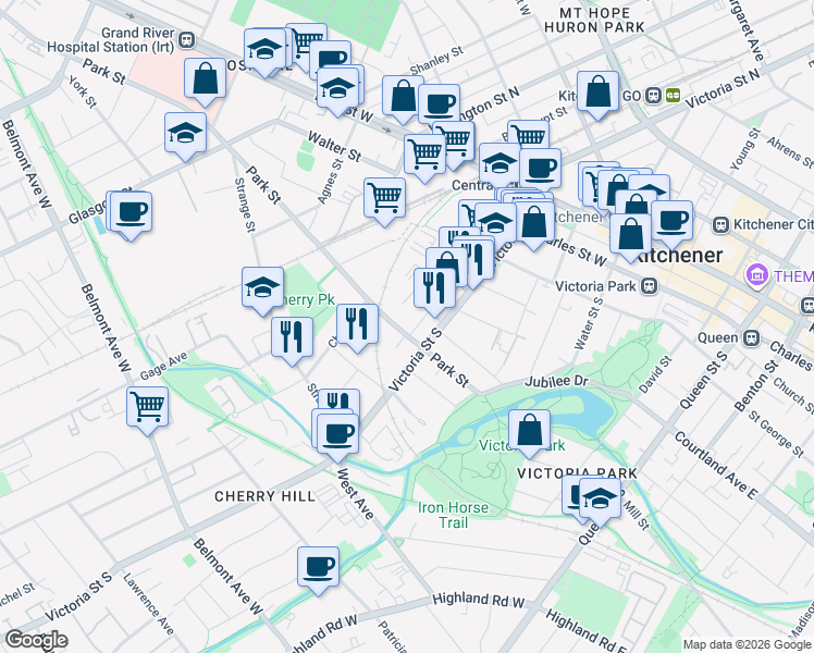 map of restaurants, bars, coffee shops, grocery stores, and more near 106 Park Street in Kitchener