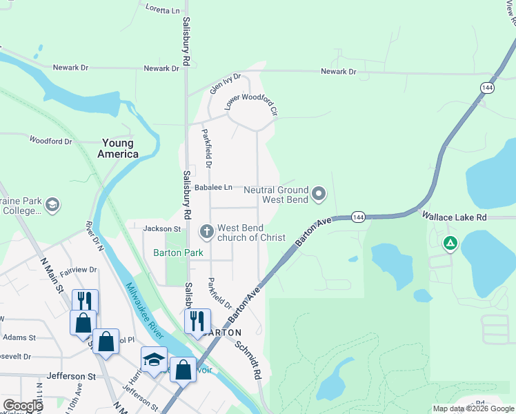 map of restaurants, bars, coffee shops, grocery stores, and more near 2302 Skyline Drive in West Bend