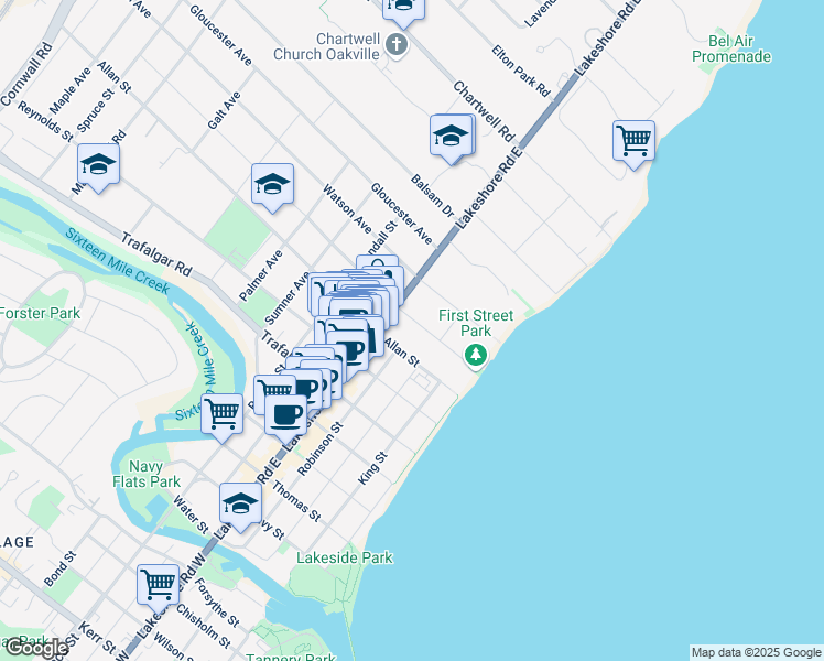map of restaurants, bars, coffee shops, grocery stores, and more near 82 1 Street in Oakville