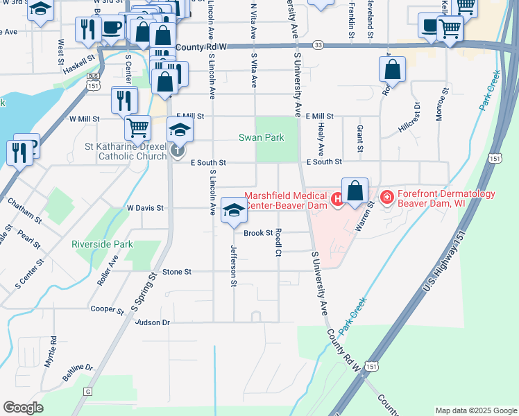 map of restaurants, bars, coffee shops, grocery stores, and more near 178 1/2 East Davis Street in Beaver Dam