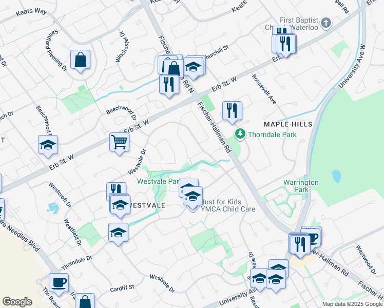 map of restaurants, bars, coffee shops, grocery stores, and more near 92 Pinemeadow Crescent in Waterloo