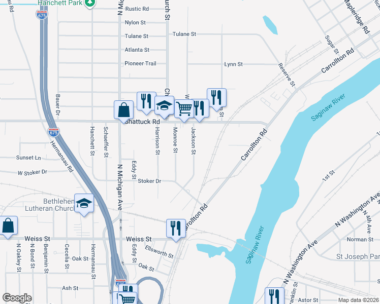 map of restaurants, bars, coffee shops, grocery stores, and more near 3017 Jackson Street in Saginaw