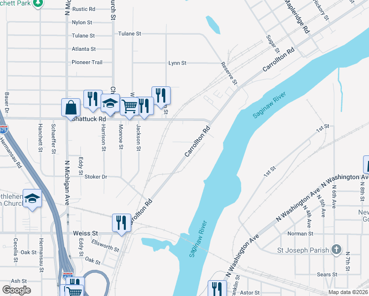 map of restaurants, bars, coffee shops, grocery stores, and more near 2995 Carrollton Road in Saginaw