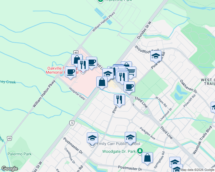 map of restaurants, bars, coffee shops, grocery stores, and more near 2299 Stone Glen Crescent in Oakville