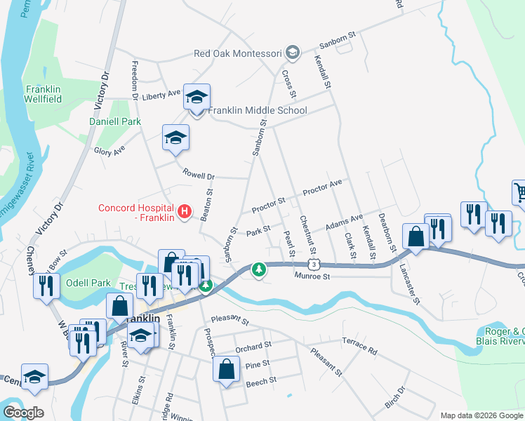 map of restaurants, bars, coffee shops, grocery stores, and more near 49 Madison Street in Franklin