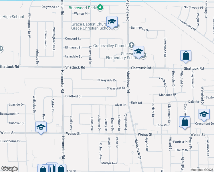 map of restaurants, bars, coffee shops, grocery stores, and more near 4164 South Wayside Drive in Saginaw