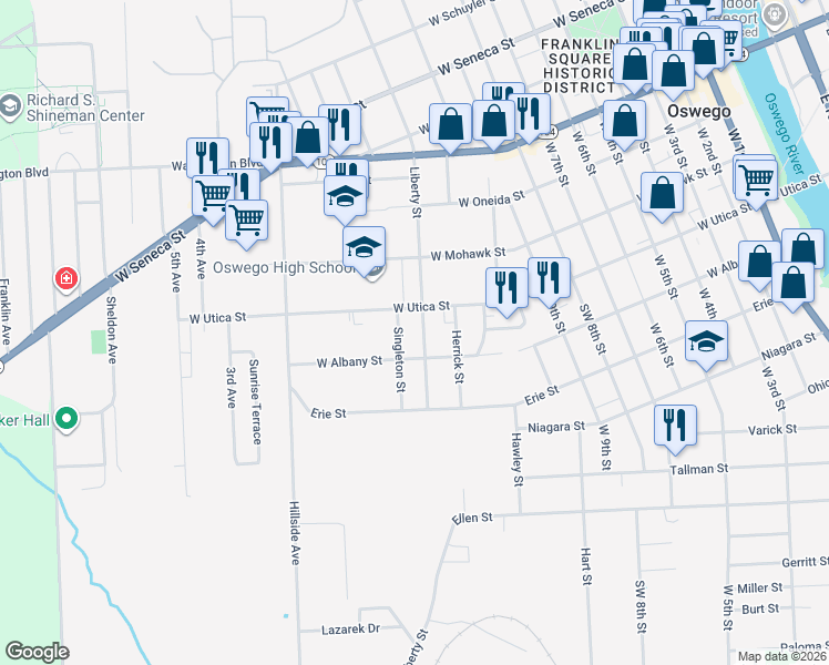 map of restaurants, bars, coffee shops, grocery stores, and more near 190 Liberty St in Oswego