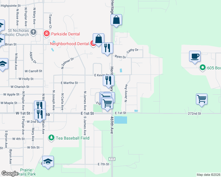 map of restaurants, bars, coffee shops, grocery stores, and more near 27173 469th Avenue in Tea