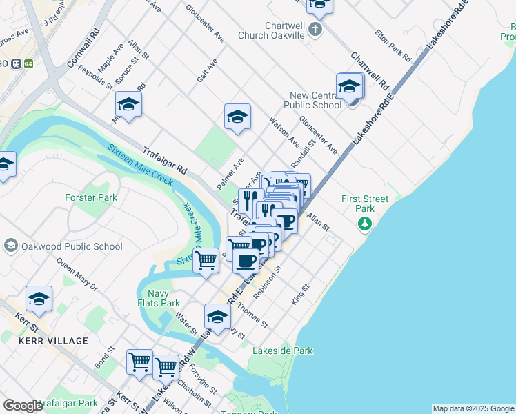 map of restaurants, bars, coffee shops, grocery stores, and more near 146 Reynolds Street in Oakville