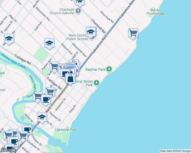 map of restaurants, bars, coffee shops, grocery stores, and more near 46 Second Street in Oakville