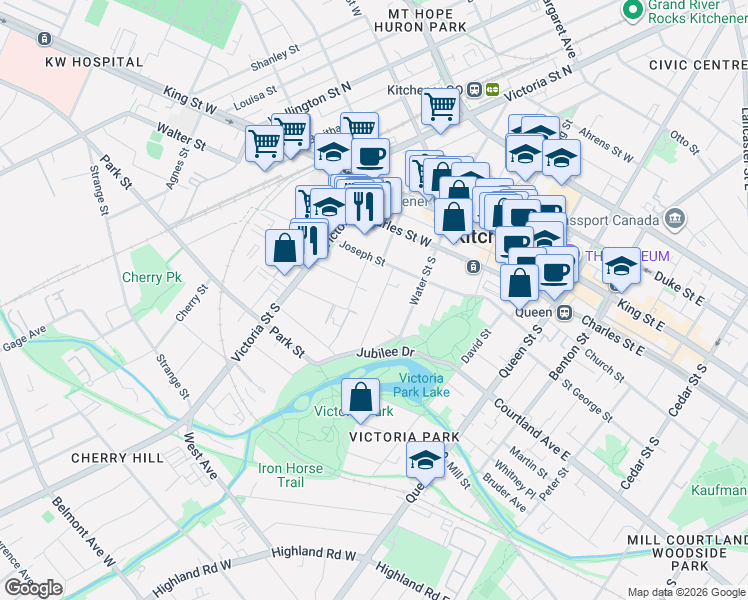 map of restaurants, bars, coffee shops, grocery stores, and more near 33 Heins Avenue in Kitchener