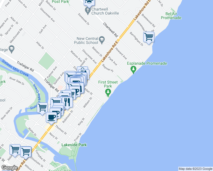 map of restaurants, bars, coffee shops, grocery stores, and more near 46 Second Street in Oakville
