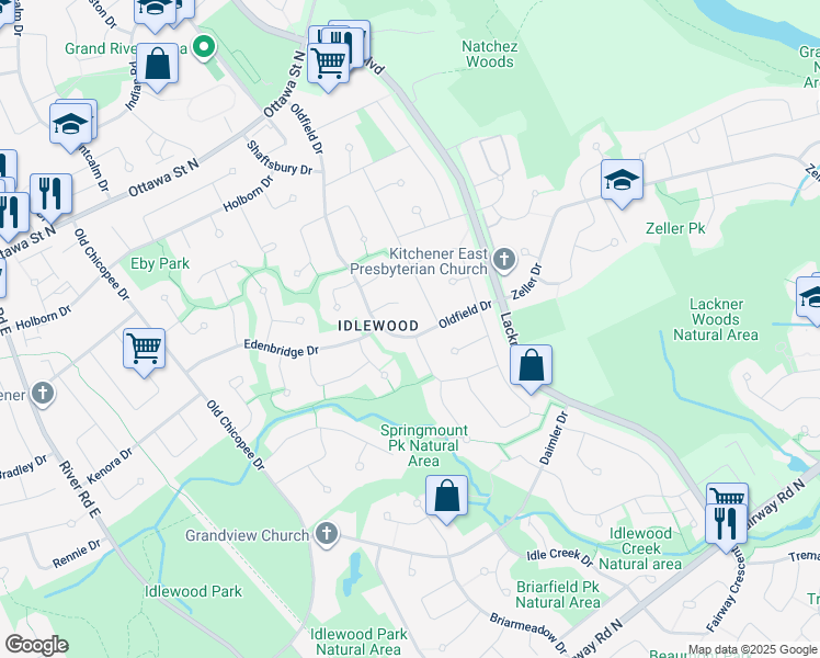 map of restaurants, bars, coffee shops, grocery stores, and more near 185 Oldfield Drive in Kitchener