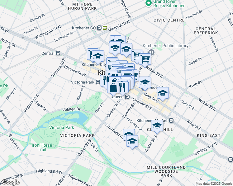 map of restaurants, bars, coffee shops, grocery stores, and more near 91 Ontario Street South in Kitchener