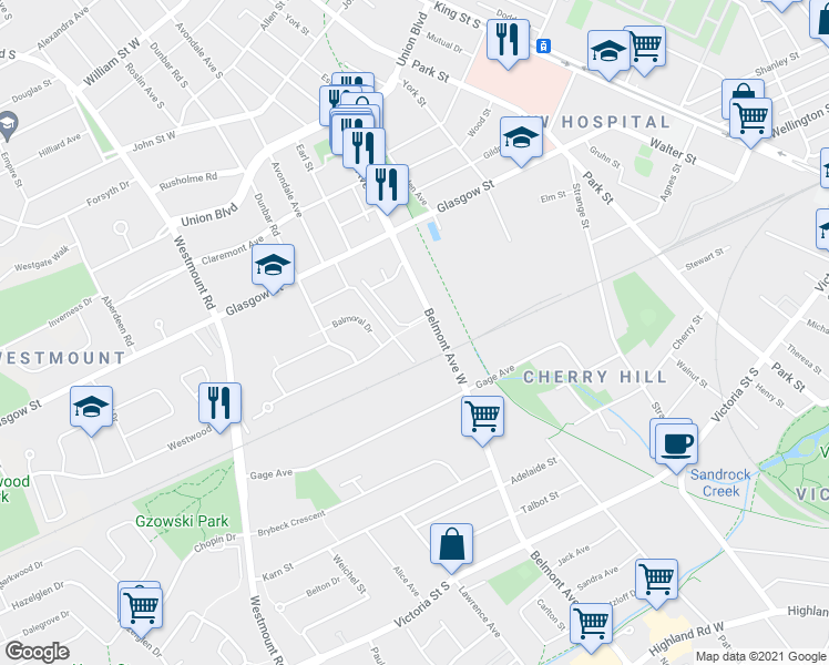 map of restaurants, bars, coffee shops, grocery stores, and more near 535 Belmont Avenue West in Kitchener
