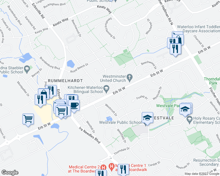 map of restaurants, bars, coffee shops, grocery stores, and more near in Waterloo