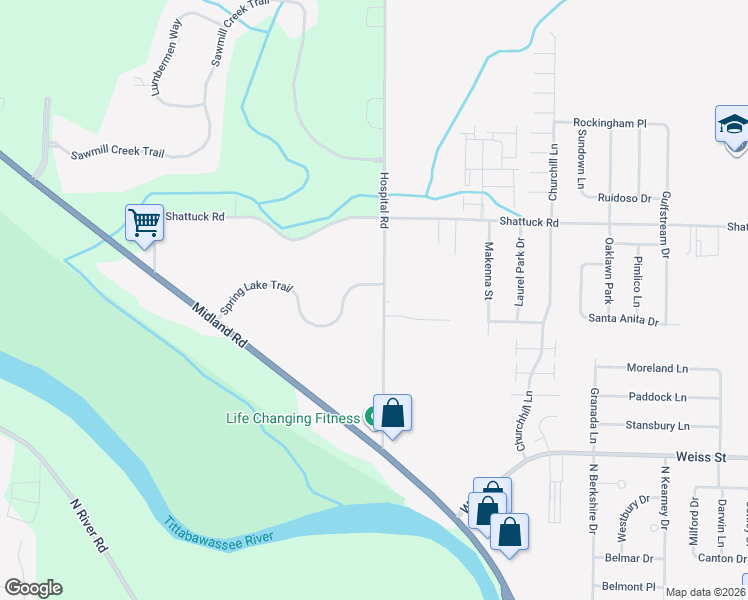 map of restaurants, bars, coffee shops, grocery stores, and more near 2803 Hospital Road in Saginaw