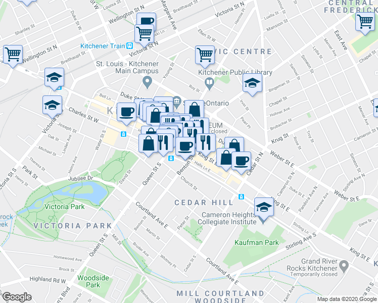 map of restaurants, bars, coffee shops, grocery stores, and more near 73 King Street East in Kitchener