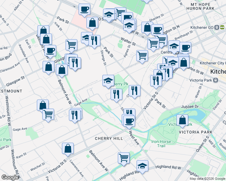 map of restaurants, bars, coffee shops, grocery stores, and more near 96 Strange Street in Kitchener