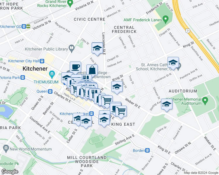 map of restaurants, bars, coffee shops, grocery stores, and more near 126 Waterloo Regional Road 8 in Kitchener