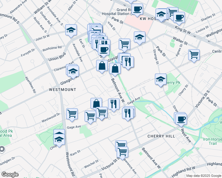 map of restaurants, bars, coffee shops, grocery stores, and more near 539 Belmont Avenue West in Kitchener
