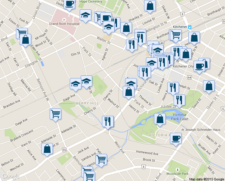 map of restaurants, bars, coffee shops, grocery stores, and more near 19 Cherry Street in Kitchener