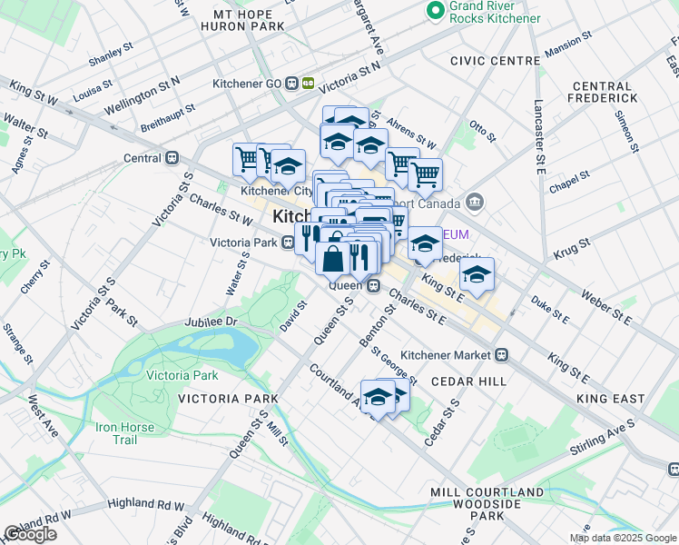 map of restaurants, bars, coffee shops, grocery stores, and more near 91 Ontario Street South in Kitchener