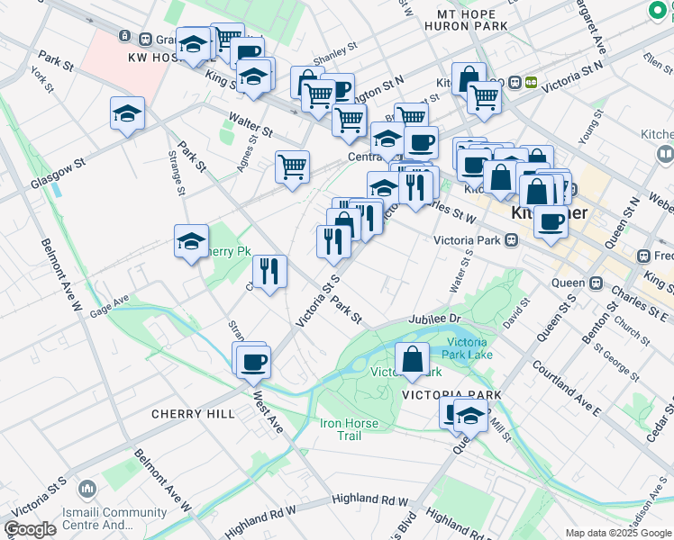 map of restaurants, bars, coffee shops, grocery stores, and more near 146 Victoria Street South in Kitchener