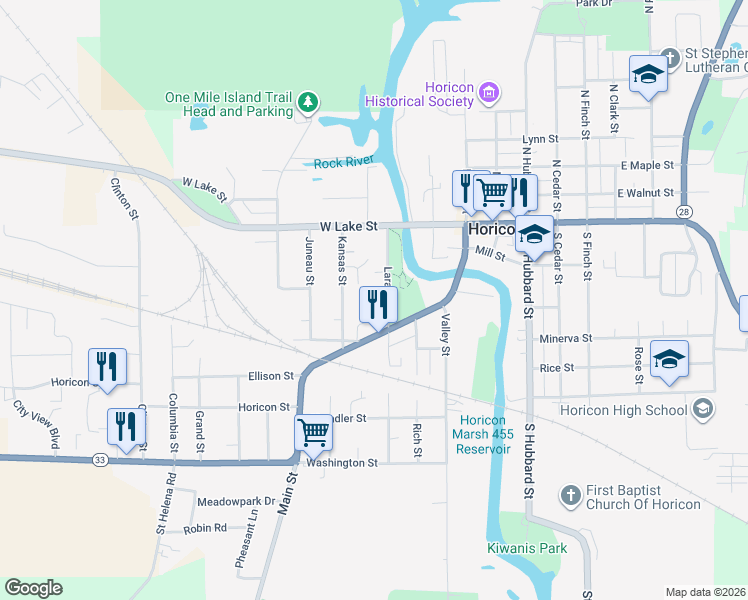 map of restaurants, bars, coffee shops, grocery stores, and more near 150 Larabee Street in Horicon