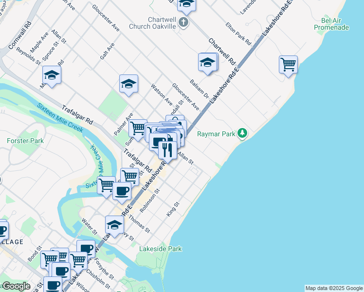 map of restaurants, bars, coffee shops, grocery stores, and more near 370 Lakeshore Road East in Oakville